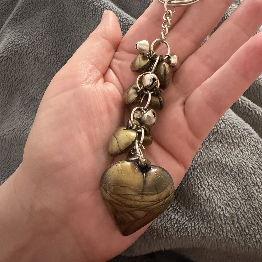 Vintage Heart Enamel Metal Keychain Silver Bell Dangles Fun Noise Rattles